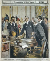 Den amerikanske præsident Woodrow Wilson udløser telegrafisk sprængningen, som fjernede den sidste barriere i Panamakanalen 6000 kilometer borte, fra La Domenica del Corriere