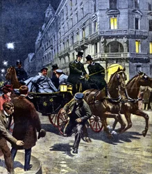 Angreb mod den tyske kejser Vilhelm II (1859 - 1941) under hans rejse med bus til Bremen station, om aftenen den 6/03/1901. Illustration af Beltrame. La Domenica del corriere. 17.06.1901.