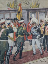 BELTRAME, Achilles (1871-1945). Victor Emmanuel III (1869-1947). konge af Italien (1900-1946); Nikolaj II. Ruslands zar (1894-1917). RUSLAND. Zaren modtager kong Victoria Emmanuel III af Italien i Peterhof. A. Beltrame illustration. Domenica af C