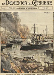 Slagskib Potemkin bombarderer Odessa, af Achille Beltrame, illustration, Illustrator Achille Beltrame (1871-1945), fra La Domenica del Corriere