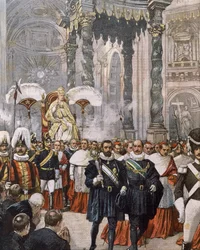 Kroningen af pave Pius 10. i Peterskirken, Vatikanet, illustration af Achille Beltrame fra La Domenica del Corriere