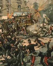Forsideillustration af attentatforsøget mod kong Alfonso XIII på hans bryllupsdag, 31. maj 1906, Madrid, Spanien