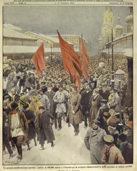 Forsideillustration af hundrede tusinde arbejdere, der marcherer for at fejre den blodige søndag i 1905; Sankt Petersborg, Rusland