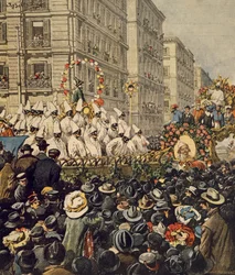 Folkemængder under karneval i Napoli, af Achille Beltrame, illustration, Illustrator Achille Beltrame (1871-1945), fra La Domenica del Corriere, 31. januar 1904