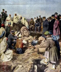 Opdagelse af en buste af Jupiter ved Sabratha i Libyen i 1925. illustration af Achille Beltrame