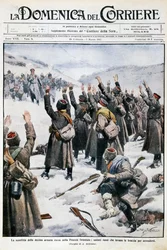 Nederlag af tiende russiske hær i Østpreussen: Russiske soldater løfter deres arme i overgivelse, plade af Achille Beltrame (1871-1945) fra La Domenica del Corriere, 28. februar-7. marts 1915