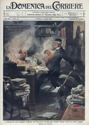 Døde i sit laboratorium i Napoli af Giuseppe Mercalli (1850 -1914), italiensk seismolog og vulkanolog. Illustration af Achille Beltrame til "" La domenica del corriere""". 1914.