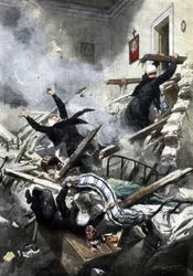 Katastrofe i en bygning i Genova: gode søstre forsvandt ved sammenbruddet af to lejligheder. Ill. de Beltrame. "La Domenica del Corriere". 04/1914.
