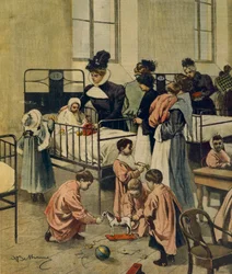 Uddeling af julegaver til fattige børn på hospitalet, af Achille Beltrame, illustration, Illustrator Achille Beltrame (1871-1945), fra La Domenica del Corriere, 23. november 1900