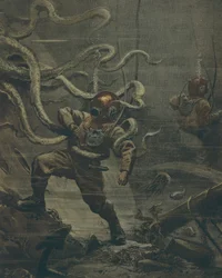Dykkeren bliver angrebet af en kæmpe blæksprutte under et dyk, af Achille Beltrame, illustration, Illustrator Achille Beltrame (1871-1945), fra La Domenica del Corriere, 25. oktober 1908
