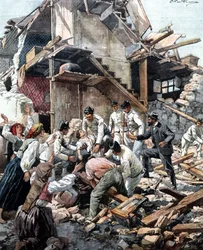 Jordskælv i Reggio (Calabrien) den 28/12/1908. Soldater leder i murbrokkerne efter jordskælvets ofre. Illustration af Beltrame.