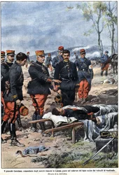 Episode af krigen i 1914: General Noel Edouard de Curieres de Castelnau (1851-1944), chef for den franske hær i Lorraine, sværger til liget af sin døde søn at hævne ham. Illustration af Achille Beltrame i "" La Domenica del Corriere""