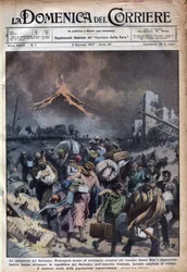 Udvandring af befolkningen i El Salvador efter jordskælvet og udbrud af vulkanen Santa Rita. Illustration af Achille Beltrame i "" La domenica del corriere"" 03/01/1937.