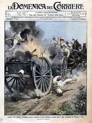 Eksplosion af en artillerikasse nær Capannori (Lucca) under overførslen af det 7. artilleriregiment fra Volterra til Pisa. Illustration af Beltrame. "" La Domenica del corriere"". 15-23/08/1909.