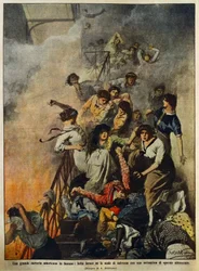 Brand i stor amerikansk tekstilfabrik: arbejdere på trappeopgang, illustration af Achille Beltrame (1871-1945), fra La Domenica del Corriere, 10. august