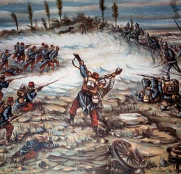 Første Verdenskrig (1914-1918): et slag mellem de franske og tyske væbnede styrker mellem Altkirch og Mulhouse den 21/08/1914. Illustration af Achille Beltrame (1871-1945). Privat samling