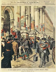 Folketingsvalg i Milano: konfrontationer mellem mennesker, der hænger politiske plakater i Milano, af Achille Beltrame (1871-1945), fra La Domenica del Corriere