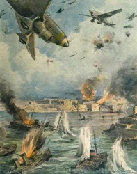 Great Axis luftoffensiv over Malta, af Achille Beltrame, illustration, Illustrator Achille Beltrame (1871-1945), fra La Domenica del Corriere, 25. januar 1942