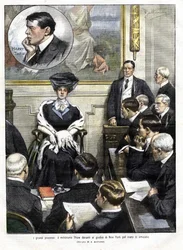 Harry Thaws retssag i New York i 1907. Harry Thaw, søn af en familie af storindustrielle, dræbte i 1906 arkitekten Stanford White, sin hustru Evelyns tidligere elsker. Forside af Domenica del Corriere den 3. marts 1907, illustration af Achille Beltrame