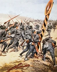Italienske soldater krydser den østrigske grænse, af Achille Beltrame (1871-1945), illustration fra La Domenica del Corriere, juni 1915