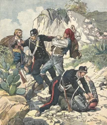 Italien (1902). Carabinier arresterer en bandit og hans bande i Trapani. Illustration af Achille Beltrame fra "" Domenica del Corriere"" (23. februar