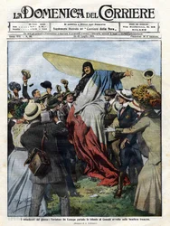 Jacques de Lesseps (1883-1927) ved sin ankomst til Canada i 1910. Illustration af Achille Beltrame til "Domenica del Corriere" den 24. juli