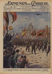 Francos Spanien går ind i Madrid med sine herlige flag