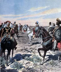 Kaptajn Mozzetti på lejren Ras Makonnen (Mekonnen Welde Mikael) (Abba Qagnew) (1852-1906) i Etiopien. Illustration af Beltrame. Domenica del corriere. 1899.