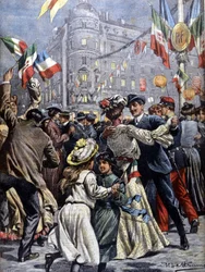 Italiens suveræner i Paris: populære bolde i gaderne. Illustration af Beltrame. La Domenica del corriere. 1903.