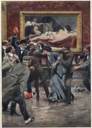 Mary Richardson (1889-1961), canadisk suffragetteaktivist, skærer med en kniv i maleriet "Rokeby Venus" af maleren Don Diego Velázquez i et rum på National Gallery i London. Illustration af Achille Beltrame til "La domenica del corriere". 191