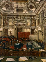 Milanos nye byråd i møde, af Achille Beltrame (1871-1945), fra La Domenica del Corriere