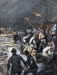 Mirakuløs redning af vognmænd blokeret på en ø ved floden Serio nær Bergamo - Illustration af Beltrame i "La Domenica del Corriere"" 10/1909