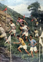 Paris olympiske lege: Kører med naturlige hindringer: langrend. Ill. De Beltrame. La Domenica del Corriere