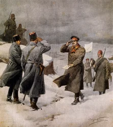 Genoptagelse af krigen, tyrkisk parlamentariker, der ankommer til den bulgarske lejr, bærende budskab om slutningen af våbenstilstand, af Achille Beltrame (1871-1945), illustration fra La Domenica del Corriere, 9. februar