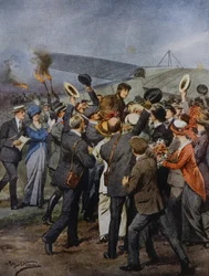Vend tilbage til Torino af aviator Perrylon, efter at have fløjet på en enkelt dag til Rom, Italien, illustration af Achille Beltrame fra La Domenica del Corriere, 15. juni