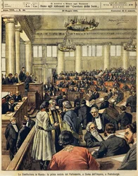 Russisk forfatning: første møde i parlamentet i Skt. Petersborg af Achille Beltrame (1871-1945), fra La Domenica del Corriere, 20. maj 1906