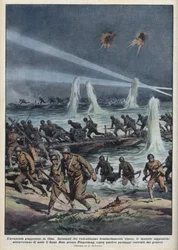 Anden kinesisk-japanske krig (1937-1945): "Den japanske hær krydser Huto-floden nær Pingshang under kinesisk bombning." Illustration af Achille Beltrame fra "La domenica del corriere"" af 17/10/1937.