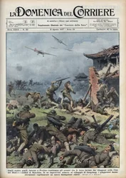 Anden kinesisk-japanske krig (1937-1945): sammenstød mellem japanske og kinesiske våben nær Pekin, japanerne udrydder hurtigt en hel kinesisk bataljon. Illustration af Achille Beltrame fra "La domenica del corriere"" af 08/08/1937.