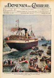 Skibe med italienske tropper til Østafrika krydser Suez-kanalen, illustration fra La Domenica del Corriere, 20. oktober