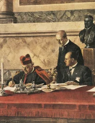Underskrivelse af Laterantraktat mellem kardinal P. Gasparri og B. Mussolini