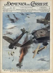 Den spanske borgerkrig: Luftkampe mellem republikanske og nationalistiske fly over det krigshærgede Spanien. Illustration ved Achille Beltrame i »La domenica del Corriere« af 20/06/1937.
