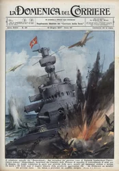 Spansk borgerkrig: To fly fra den republikanske regering i Valencia bombede den tyske krydser Deutschland for at forhindre våbenhandel til Spanien. Illustration af Achille Beltrame i "La domenica del Corriere"" af 13/06/1937.