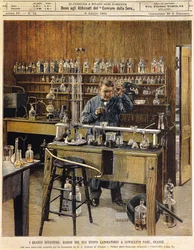 Den amerikanske opfinder Thomas Ava Edison (1847-1931) i sit nye laboratorium i Lewellein Park, Illustration af Achille Beltrame (1871-1945), La Domenica del Corriere