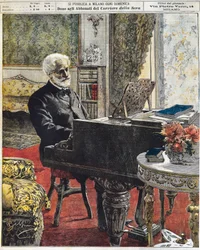 Den italienske komponist Giuseppe Verdi i sit arbejdsværelse, plade af Achille Beltrame (1871-1945), La Domenica del Corriere, 8. oktober
