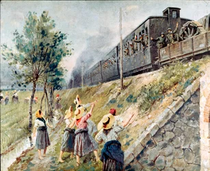 Passagen af ​​det italienske militærtogmaleri af Achille Beltrame (1871-1945) Milano, Museum for Samtidshistorie