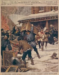 Den russiske revolution: Bønder plyndrer ejendomme i landlige rige, af Achille Beltrame (1871-1945), fra La Domenica del Corriere, december 1905