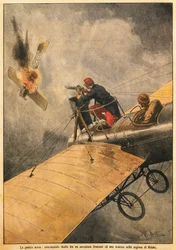 Krigen i luften: Duel mellem et fransk og et tysk fly i luften over Reims, af Achille Beltrame (1871-1945), fra La Domenica del Corriere, 25. oktober 1914