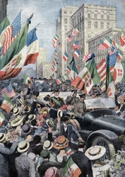 Den entusiastiske velkomst, som det amerikanske folk gav Ferdinand de Savoy, hertug af Genova og prins af Udine (1884 - 1963), da han ankom til Boston. Ill. de Beltrame. La Domenica del Corriere. 06/1917.