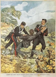 Den berømte brigand Musolino bliver arresteret nær Acqualagna i distriktet Urbino, af Achille Beltrame (1871-1945), fra La Domenica del Corriere, 27. oktober 1901