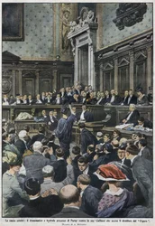 Den store retssag: den store retssag i Paris mod Madame Caillaux, som myrdede direktøren for Le Figaro. “La Domenica del Corriere”, 22. til 29. november 1914.